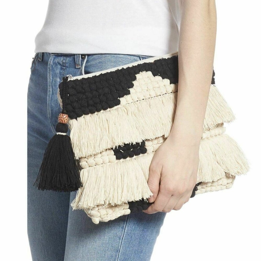 Sondra Roberts Black and Cream Fringe Clutch